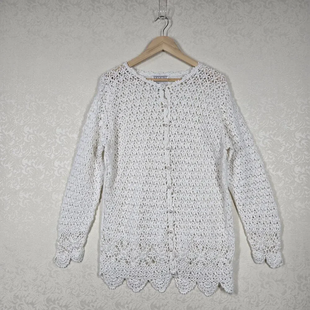 VTG Venezia Crochet Cardigan Sweater 14/16 Ivory Pearls Grandmacore Cottagecore